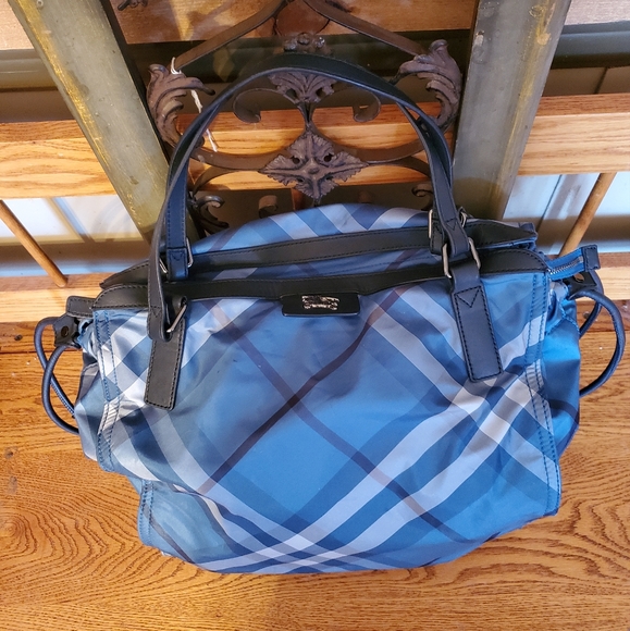 Burberry Blue & Black Plaid Nylon Tote Bag - Picture 4 of 16